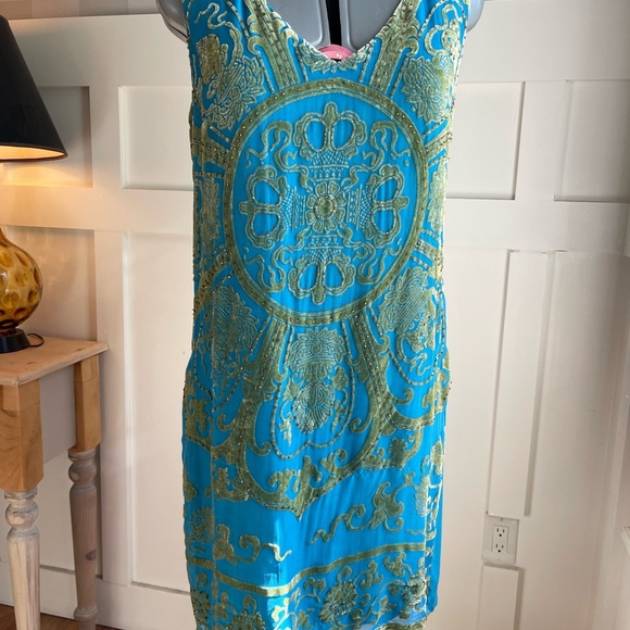 Hale Bob Silk Turquoise and Gold Mini Dress Size XS - Picture 3 of 9